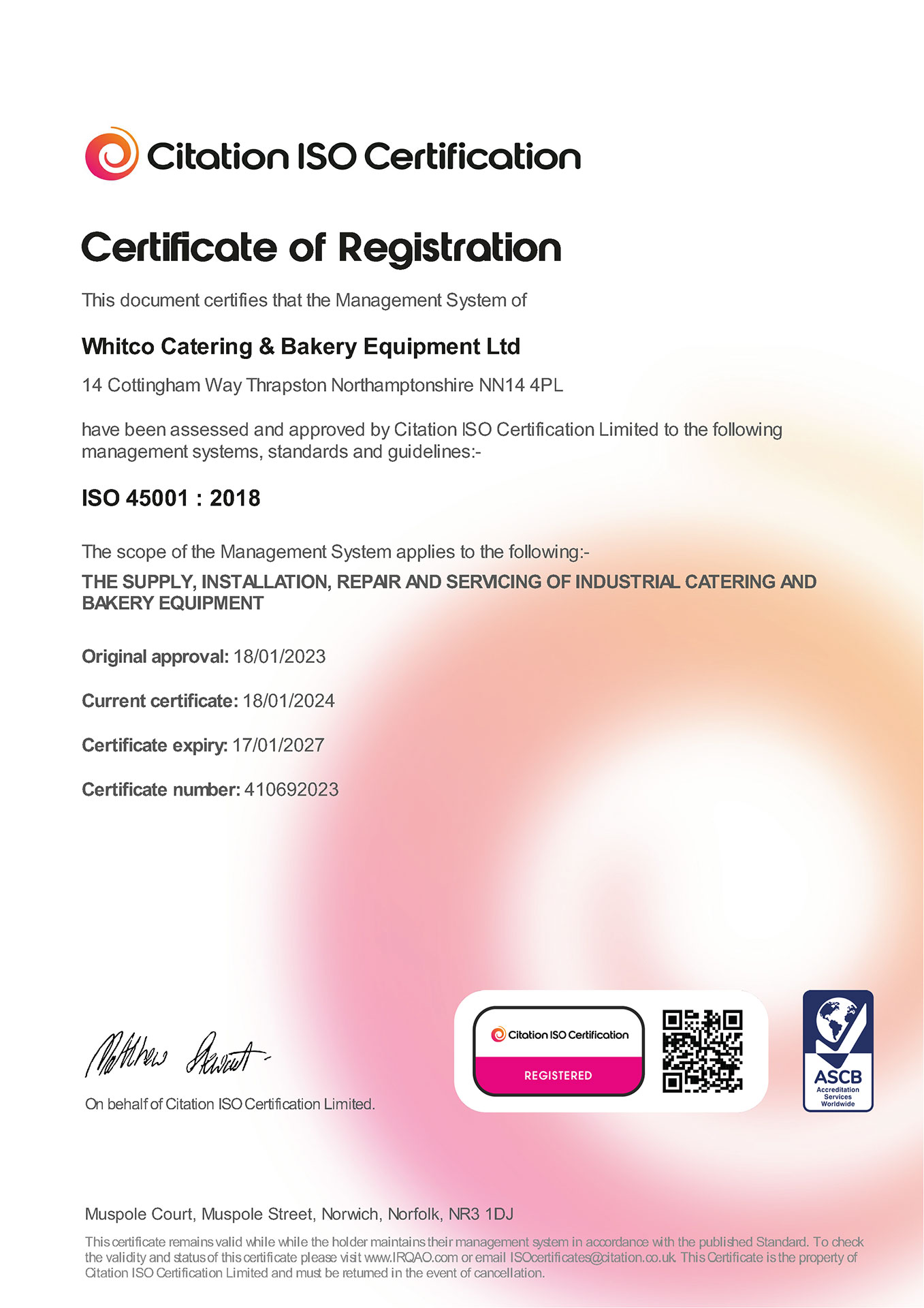 ISO 45001:2018 Certificate of Registration