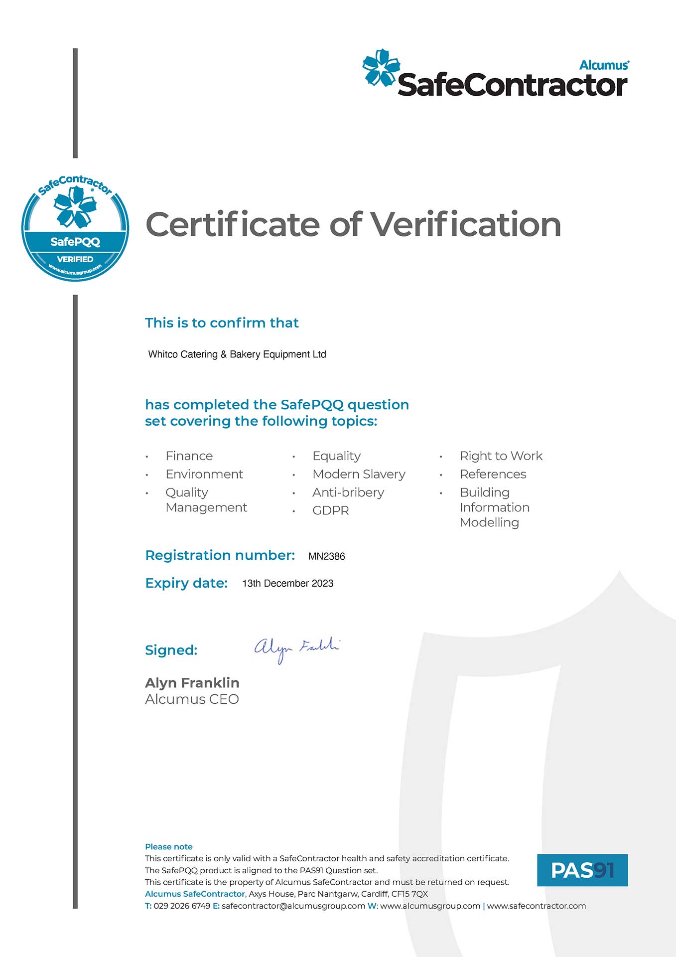SafePPQ (PAS91) Certificate of Verification