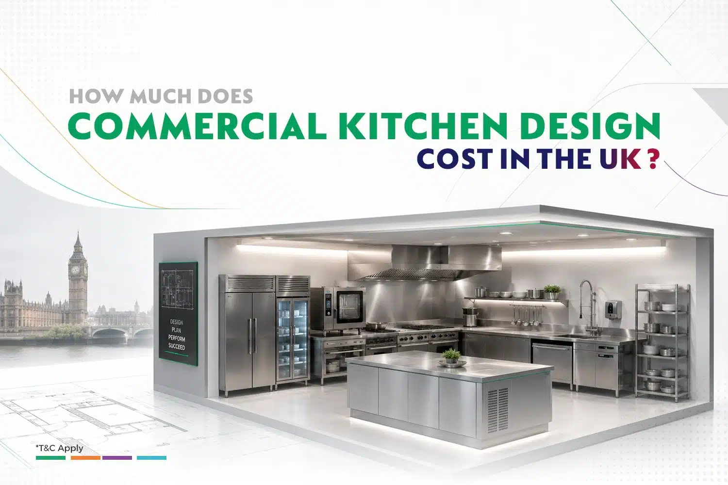 Modern commercial kitchen with stainless steel equipment illustrating commercial kitchen design costs in the UK.