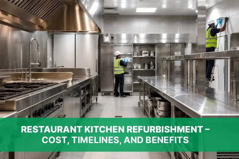 Commercial kitchen refurbishment in the UK with stainless steel equipment, professional workstations and technicians carrying out kitchen installation and maintenance.