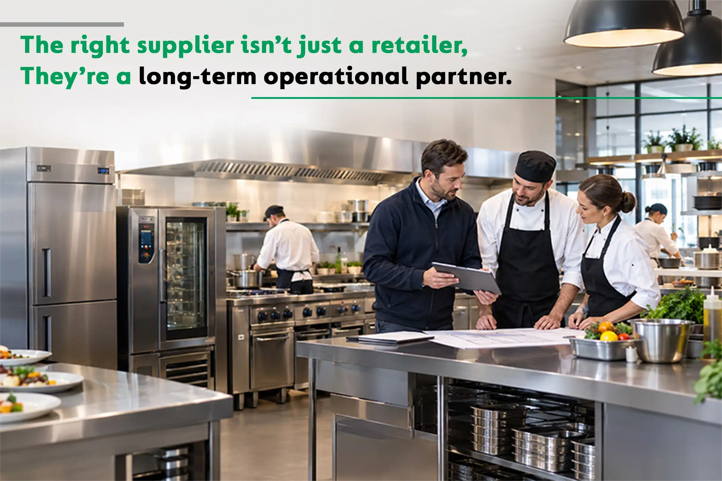 Commercial kitchen team reviewing equipment with catering equipment suppliers, focusing on reliable products, operational support, and partnership for efficient kitchen performance.