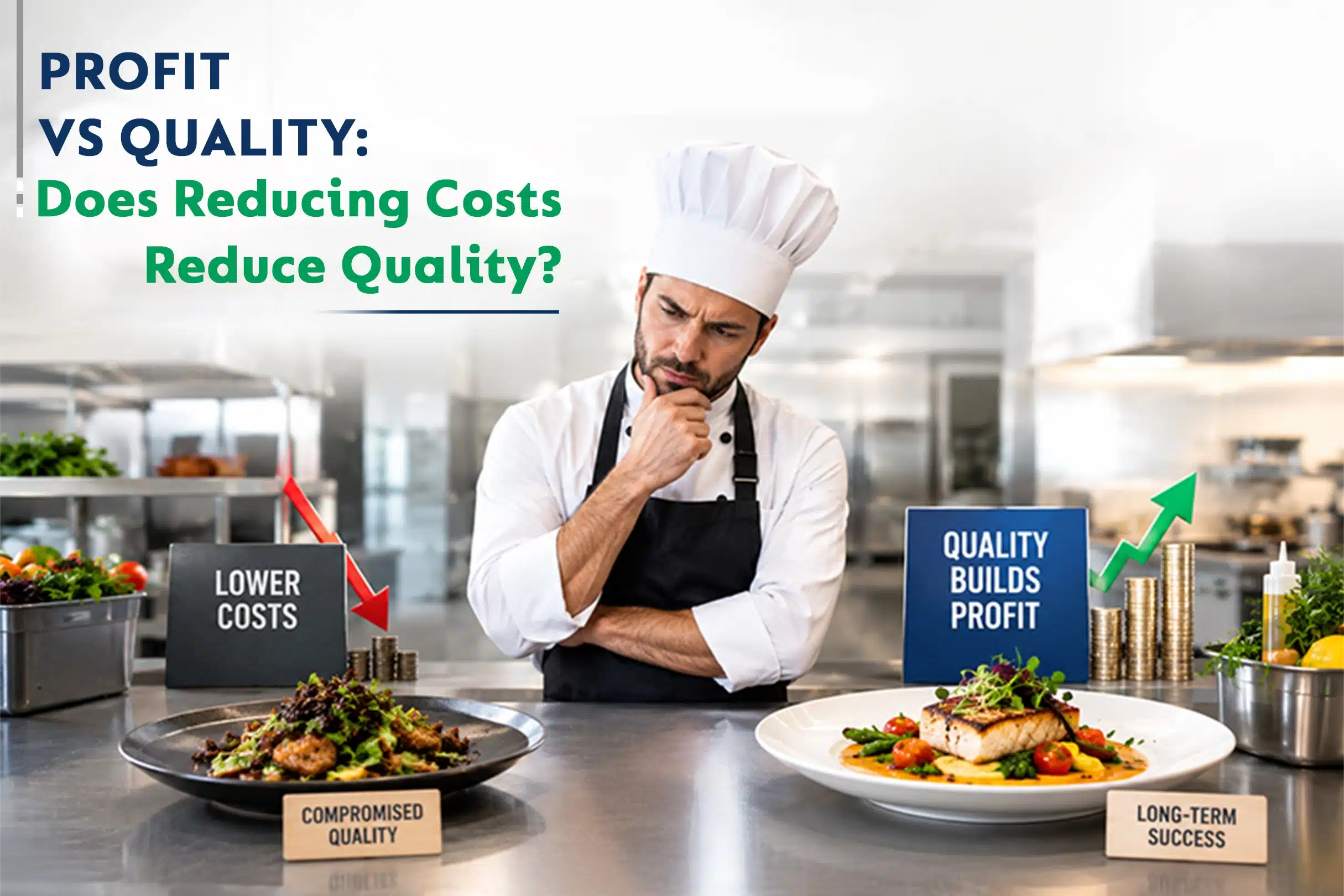 Chef comparing lower-cost and quality kitchen cooking equipment, showing how reducing costs can compromise quality while investing in quality supports profit and long-term business success.